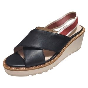 Cecilia New York Black Leather Strappy Stretch Wedge Heels Women's Size 9.5